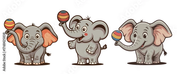Fototapeta Three cheerful cartoon elephants playfully balancing colorful striped balls on their trunks, showcasing joy and skill.