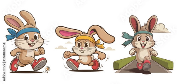 Fototapeta Energetic cartoon bunnies running with headbands and sneakers, capturing the spirit of fitness and active fun for kids' designs and campaigns.