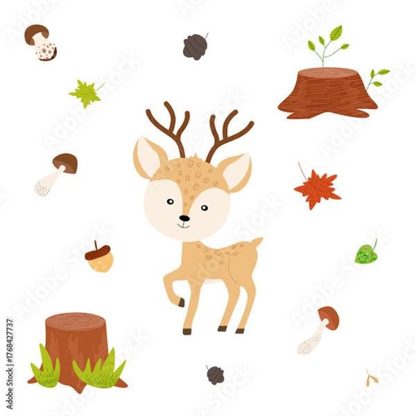Fototapeta Cute forest animal deer hand drawn with textures on white background, stump, mushrooms, leaves, cones, acorns, for printing postcards, banners, advertising