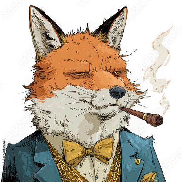 Fototapeta Sophisticated fox wearing suit and bow tie, smoking pipe, exuding confidence and style, anthropomorphic animal art with gold chain and formal attire, vintage illustration