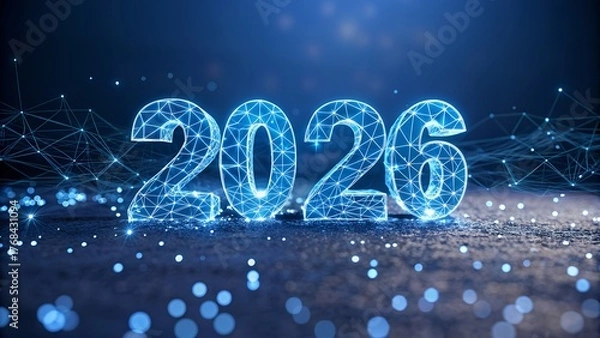 Fototapeta Futuristic 2026 new year design with glowing technology connecting digital dots, envisioning innovation and bright beginnings for the coming year