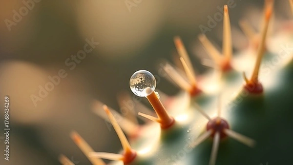 Fototapeta kusudama. Extreme close-up of a cactus spine with a single dewdrop at its tip in morning light. gardening catalogs, home-decor guides, designed for home decor and floral branding.