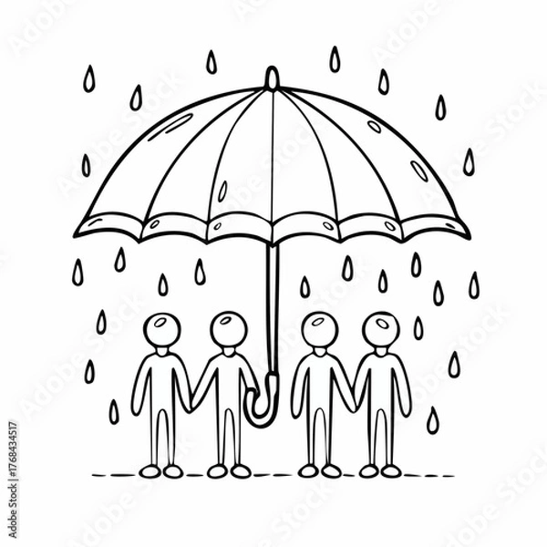 Obraz Four people holding hands under an umbrella in the rain.
