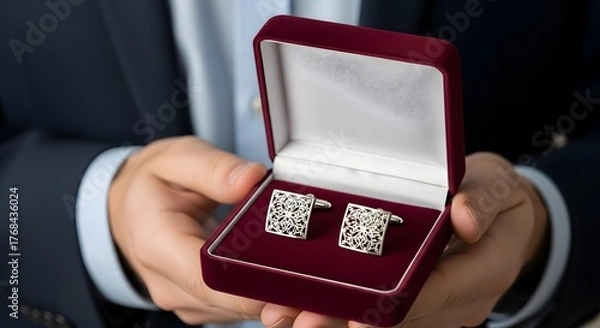 Fototapeta A man presents a velvet box containing a pair of ornate silver cufflinks as a gift