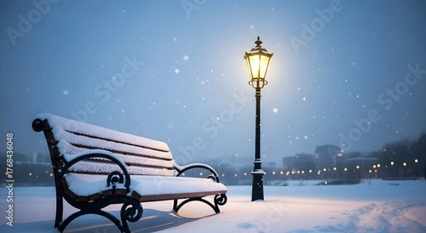 Fototapeta A snowcovered park bench sits beneath a glowing lamppost on a cold winter night