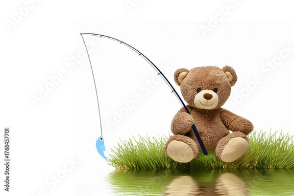 Fototapeta 水辺で釣りをするテディベア