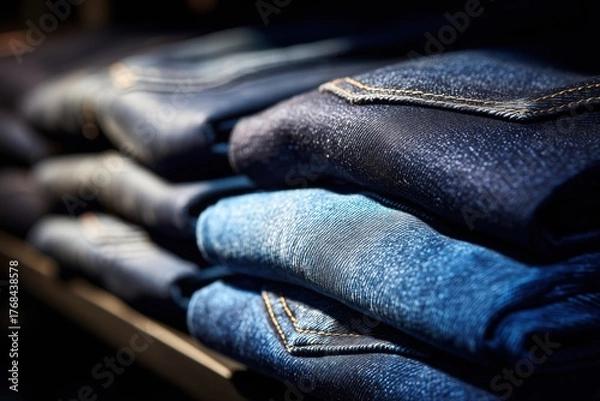 Fototapeta Jeans displayed on a shop shelf — hyper realistic fabric textures, moody shadows, bright saturation in clothing colors