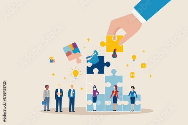 Fototapeta Business team assembling a complex puzzle with a helping hand and lightbulb ideas symbolizing collaboration and strategy