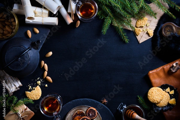 Obraz Happy new year or christmas background, food on table flat lay.
