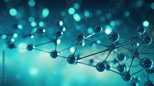 Fototapeta Molecular structure with glossy black spheres and connections on blue background