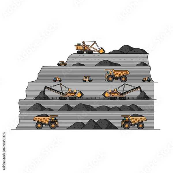 Fototapeta Vector illustration of a multi-level open-pit coal mine showing heavy machinery like excavators and dump trucks at work.