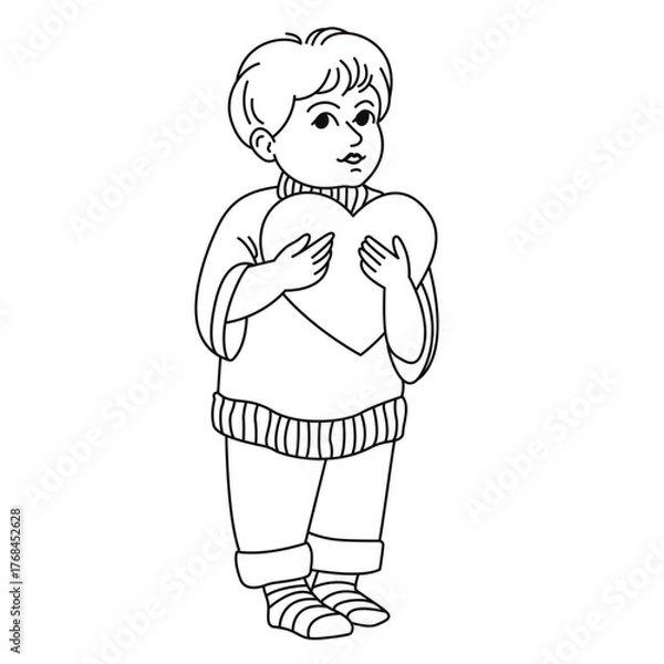 Fototapeta A cute little boy holding a heart-shaped figure. Hand-drawn vector line illustration. Black outline on a white background. Happy Mother's Day.