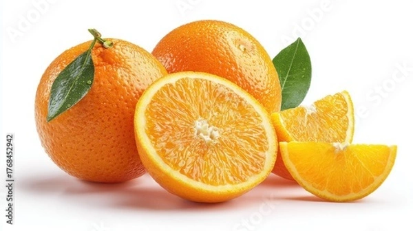 Obraz Fresh ripe oranges with leaves and slices on a white background