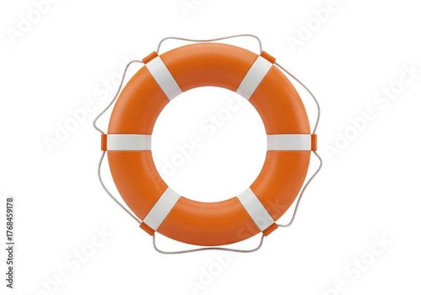 Fototapeta An orange lifebuoy with white stripes and rope on a transparent background, isolated on transparent background