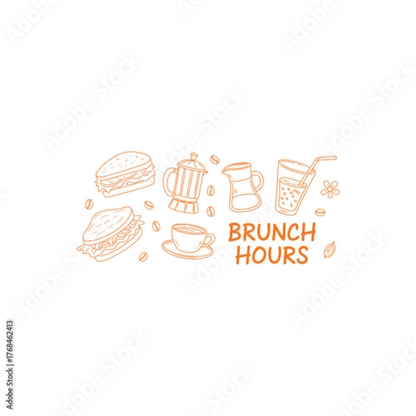 Fototapeta Orange line art of sandwiches coffee and drinks with brunch hours text breakfast food