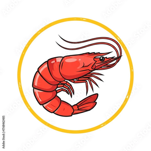 Fototapeta A stylized illustration of a red shrimp inside a yellow circle, isolated on transparent background
