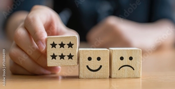 Fototapeta Hand holding star cubes, next to happy and sad face blocks