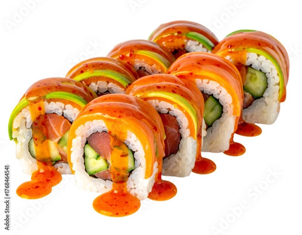 Obraz Delicious Uramaki Sushi Rolls with Fresh Salmon, Cucumber, and Spicy Sauce, Isolated on Transparent Background