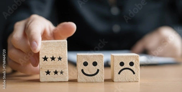 Fototapeta Person's hand places wooden block with three stars onto table