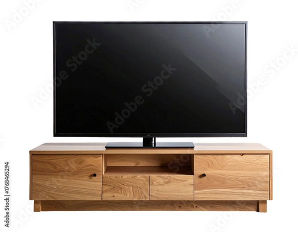 Obraz Sleek Modern Flat Screen TV on Minimalistic Wooden Stand, Isolated on Transparent Background