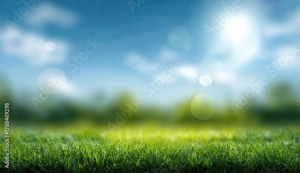 Fototapeta Sunlit green meadow with soft focus trees and blue sky