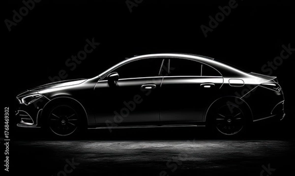 Obraz Sleek, modern sedan silhouette illuminated from the side against dark backdrop