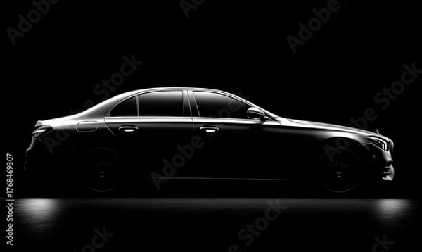 Obraz Sleek sedan silhouette illuminated against a dark background