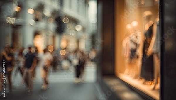 Obraz Soft focus urban street scene with illuminated store window
