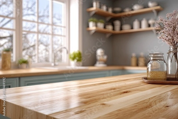 Obraz Light-filled kitchen counter with jars and flowers