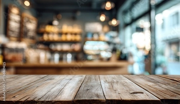 Obraz Rustic wooden table in front of a blurry, warm coffee shop interior