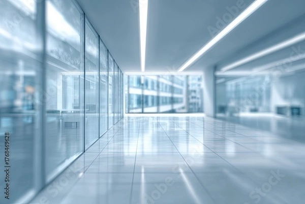 Fototapeta Modern, well-lit office hallway with polished floors and large windows