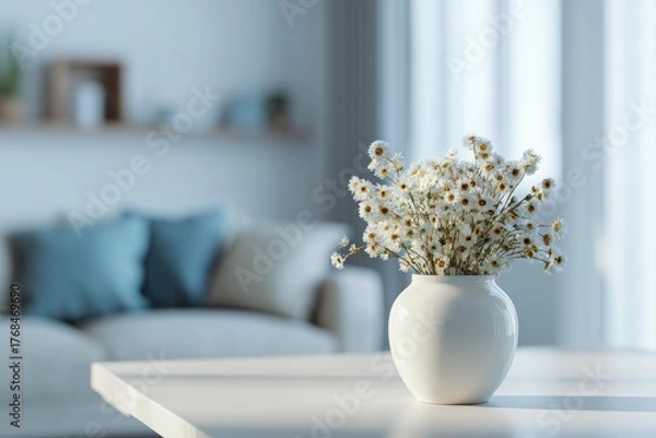 Obraz White vase with delicate white flowers on a table, softly lit room