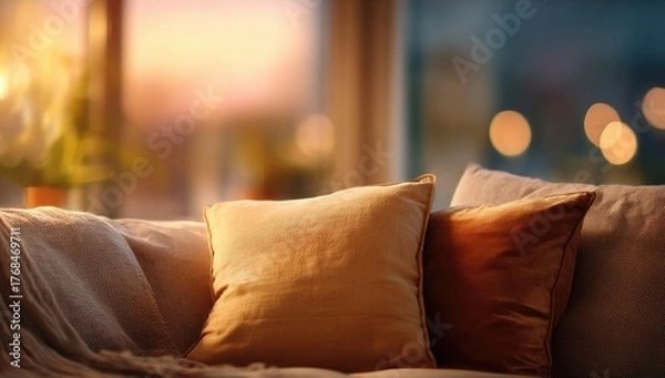 Obraz Cozy living room sofa with warm light and soft cushions