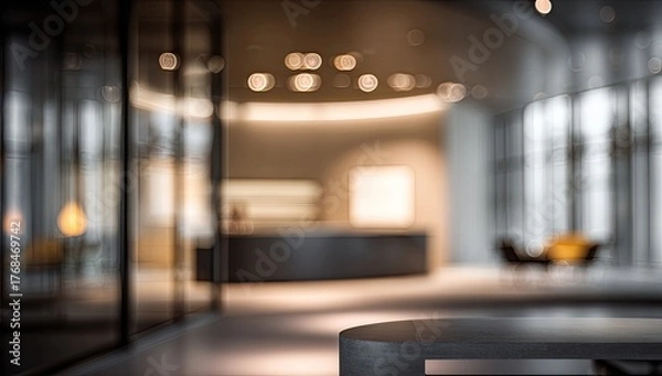 Fototapeta Modern office lobby with contemporary furniture and ambient lighting