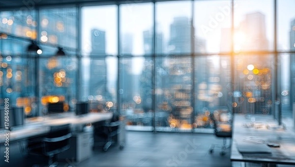 Obraz Blurred view of empty modern office interior overlooking city
