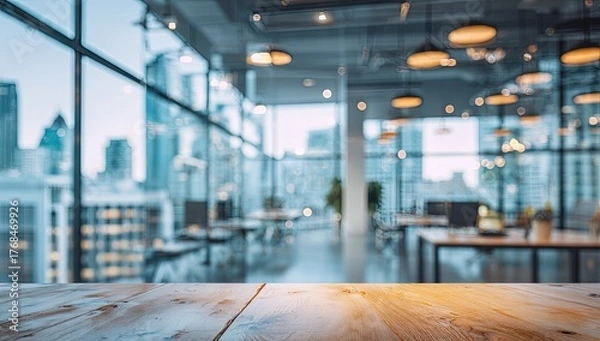 Obraz Empty modern office space with city view, soft lighting