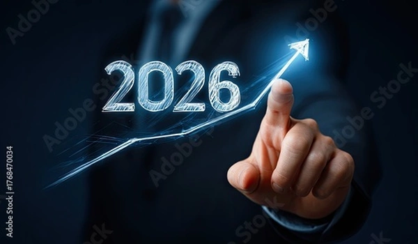 Obraz Businessman's finger points to a rising graph with the year 2026