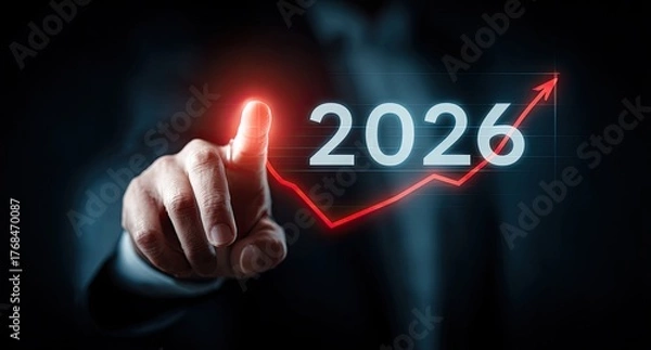 Fototapeta Businessman touches year 2026 with growing red arrow chart