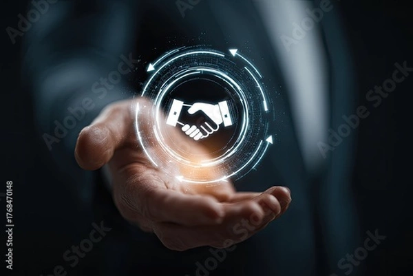 Fototapeta Digital handshake icon appears over open hand, symbolizing partnership