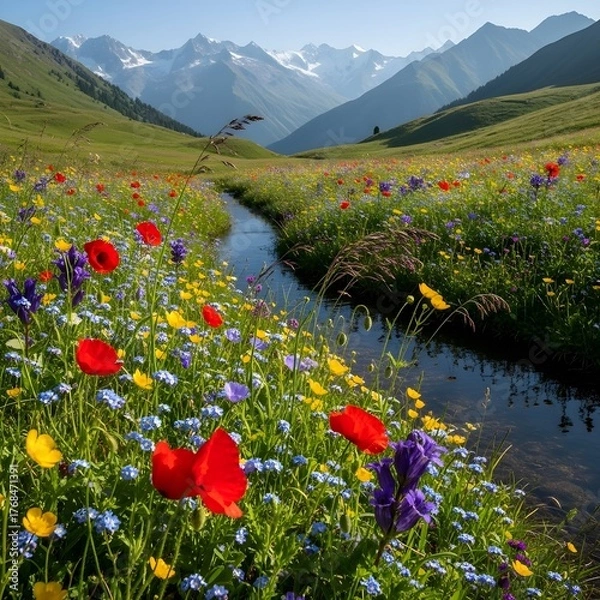 Fototapeta Alpine Wildflower Meadow with Mountain Backdrop