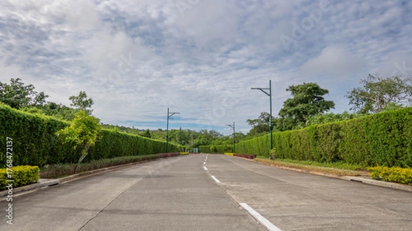 Fototapeta Straight paved road lined with manicured green hedges, streetlights, and trees under a partly cloudy blue sky