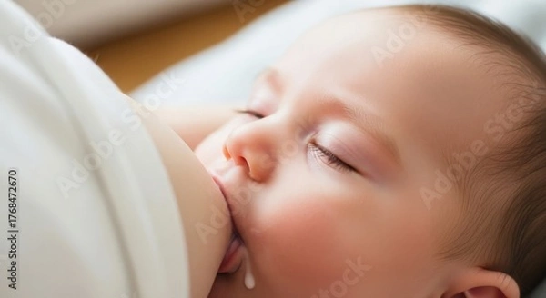 Fototapeta Closeup of a baby peacefully breastfeeding while sleeping with eyes closed