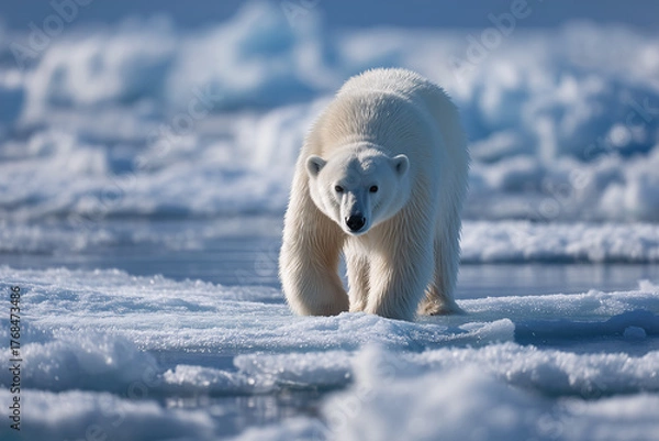Fototapeta Polar Bear On Fractured Pack Ice Near Spitsbergen, Head Down Sniffing Open Lead, Textured Floes And Gray Arctic Sea, Wildlife In Svalbard, Nature Editorial, Climate Habitat, Remote Arctic Scene