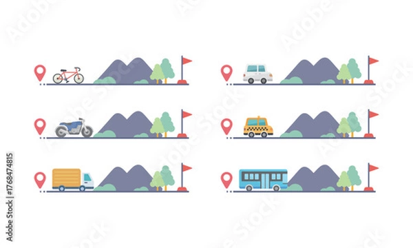 Fototapeta 山々と乗り物　移動ルート