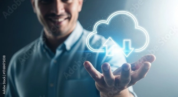 Fototapeta Smiling man presenting a cloud computing concept with upload and download icons