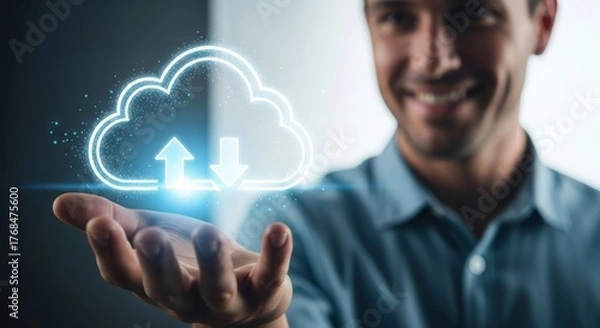 Fototapeta Cheerful man presenting a cloud computing concept with upload and download icons