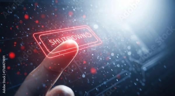 Fototapeta Finger pressing a glowing red shutdown button on a dark, futuristic interface