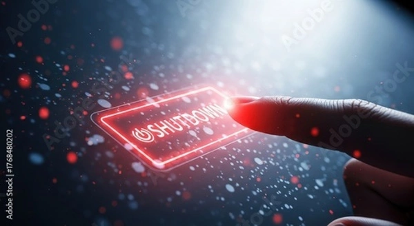 Fototapeta Closeup of a finger activating a red shutdown button on a digital interface