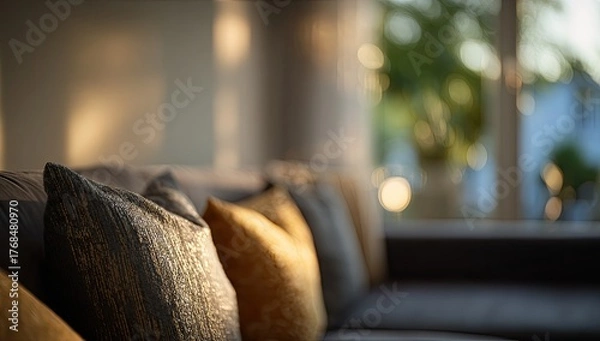 Fototapeta Cozy living room with soft pillows and warm sunlit bokeh