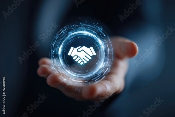 Fototapeta Hand holding digital handshake icon, symbolizing connection and agreement